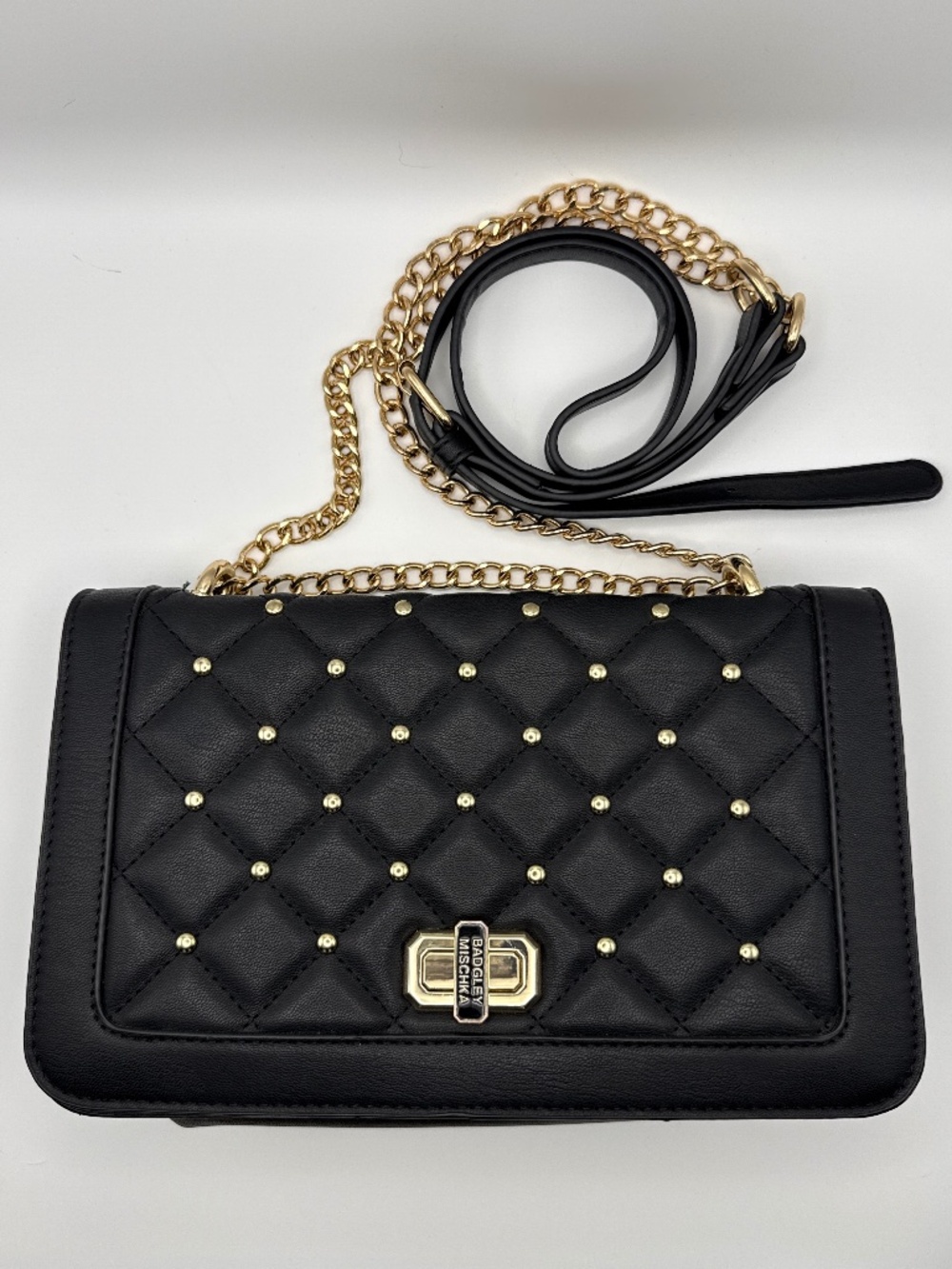 Badgley Mischka Black Vegan Leather Diamond Quilted Gold Stud Crossbody Purse
